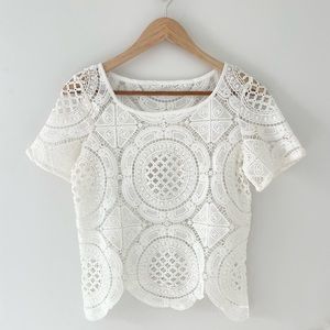 Boho White Lace Short Sleeve Top | Beach Cover Up, Size S